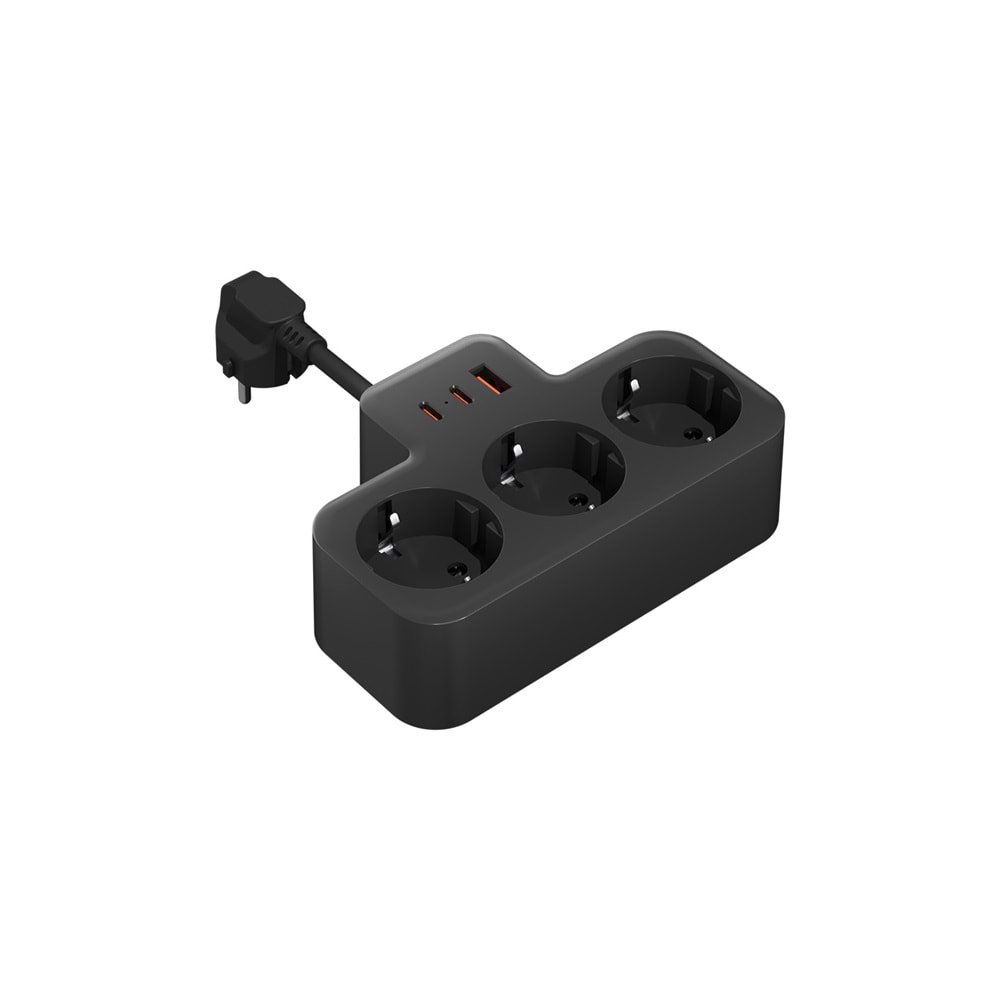 S-link PRZ07 Siyah 3 Soketli 15mm 1 Usb 2 Type-C PD20W 1050 JouleTam Bakır Kablolu Akım Korumalı Priz