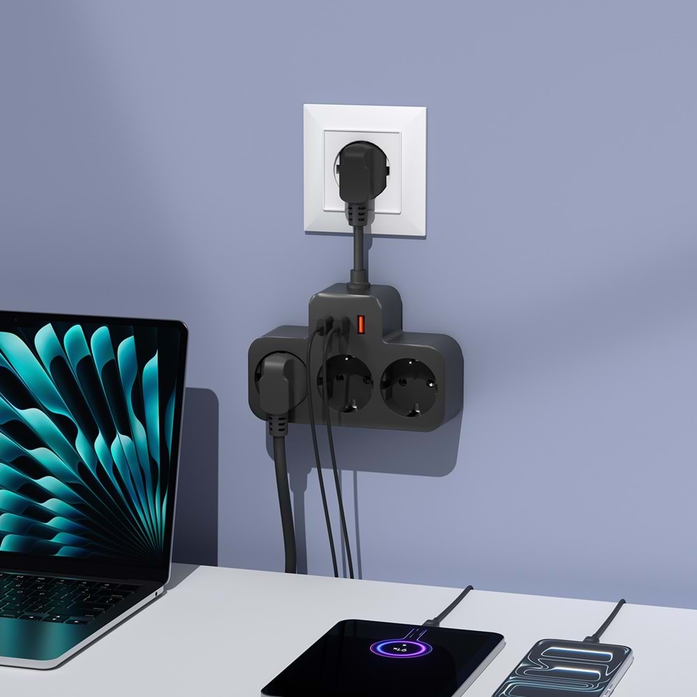 S-link PRZ07 Siyah 3 Soketli 15mm 1 Usb 2 Type-C PD20W 1050 JouleTam Bakır Kablolu Akım Korumalı Priz