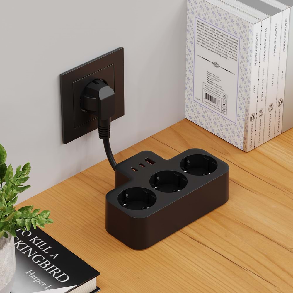 S-link PRZ07 Siyah 3 Soketli 15mm 1 Usb 2 Type-C PD20W 1050 JouleTam Bakır Kablolu Akım Korumalı Priz