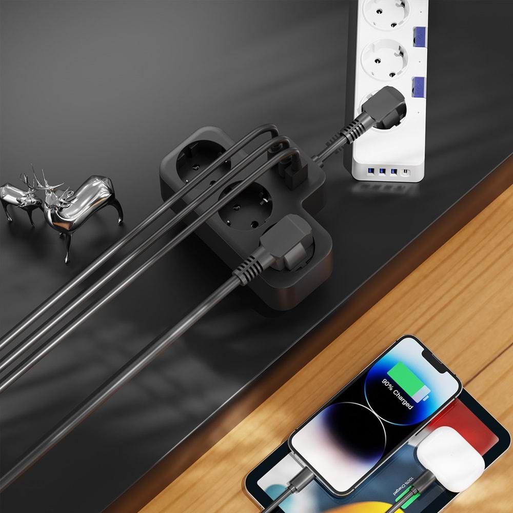 S-link PRZ07 Siyah 3 Soketli 15mm 1 Usb 2 Type-C PD20W 1050 JouleTam Bakır Kablolu Akım Korumalı Priz