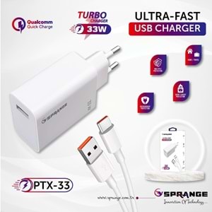 Sprange PT-X33 Turbu Ultra Hızlı Şarj 33W 5V3A QUİCK Fast CHARGE QUALCOMM 5V3A USB TO Type-C Şarj Aleti Takım