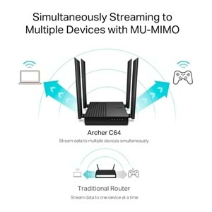 Tp-Link Archer C64 AC1200 Mbps Kablosuz MU-MIMO WiFi Router, 4 Gigabit LAN Bağlantı Noktası, Beamforming