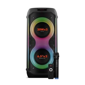 Powerway DUO XL Taşınabilir Mikrofonlu 20x2 W Karaoke Ses Kayıt Bluetooth Hoparlör Led Işıklı