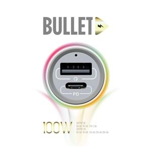 Powerway BULLET 100W Araç Çakmaklık Şarj Cihazı Type-C ve Usb Çıkışlı Profesyonel Turbo Hızlı Şarj