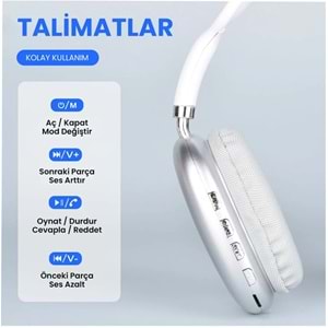 Maxron P9 Lite Beyaz Bluetooth 5.3 Kulak Üstü Kulaklık 10 Saat Müzik Micro Sd Type-C Şarj