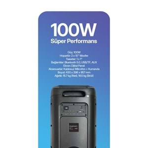 Powerway Lumox 100W Bluetooth Hoparlör Karaoke Parti Ses Sistemi Gitar Girişli Optik Kontrol Paneli Ekran