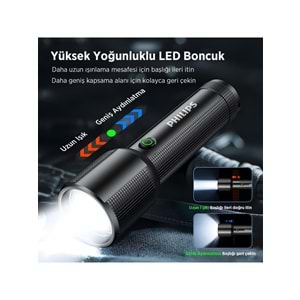 Philips SFL2203 450 Lümen 5W Led El Feneri Teleskopik Zoom Sos Modlu Metal Gövdeli Şarj Edilebilir Uzun Menzilli Flashligh
