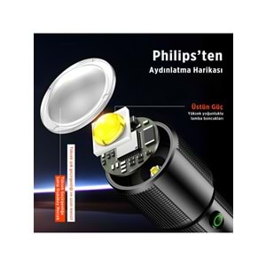 Philips SFL2203 450 Lümen 5W Led El Feneri Teleskopik Zoom Sos Modlu Metal Gövdeli Şarj Edilebilir Uzun Menzilli Flashligh