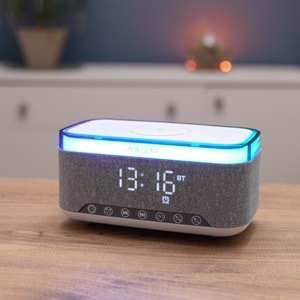 Mikado MD-W8 1200mAh 10W Gri Bluetooth-Usb-Kablosuz Şarj RGB-Gece Lambası Özellikli Alarmlı Saat Speaker