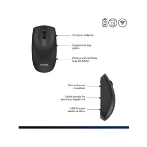Philips SPK7398 Siyah Sessiz Optik Kablosuz Mouse