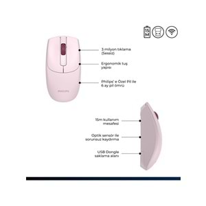 Philips SPK7398 Pembe Sessiz Optik Kablosuz Mouse