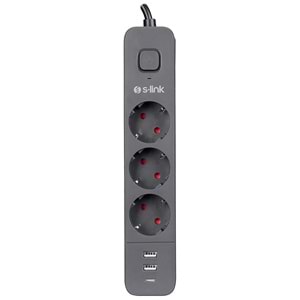 S-link SPG03U 2 Usb +1Type C 5V2.4A 1.5m 3x1.00mm 100% Bakır 750 Joule 3 lü Anahtarlı Akım Korumalı Siyah Priz