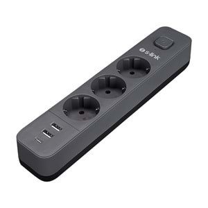 S-link SPG03U 2 Usb +1Type C 5V2.4A 1.5m 3x1.00mm 100% Bakır 750Joule 3 lü Anahtarlı Akım Korumalı Siyah Priz