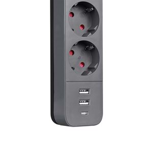 S-link SPG03U 2 Usb +1Type C 5V2.4A 1.5m 3x1.00mm 100% Bakır 750Joule 3 lü Anahtarlı Akım Korumalı Siyah Priz
