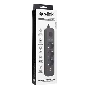 S-link SPG03U 2 Usb +1Type C 5V2.4A 1.5m 3x1.00mm 100% Bakır 750Joule 3 lü Anahtarlı Akım Korumalı Siyah Priz