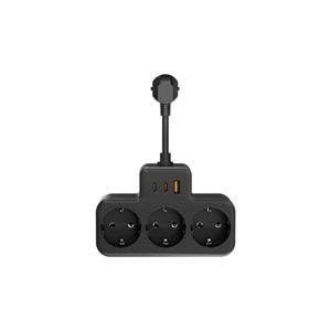 S-link PRZ07 Siyah 3 Soketli 15mm 1 Usb 2 Type-C PD20W 1050 JouleTam Bakır Kablolu Akım Korumalı Priz