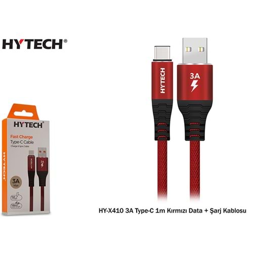 Hytech HY-X410 3A Type-C 1mt Kırmızı/Siyah Data + Şarj Kablosu