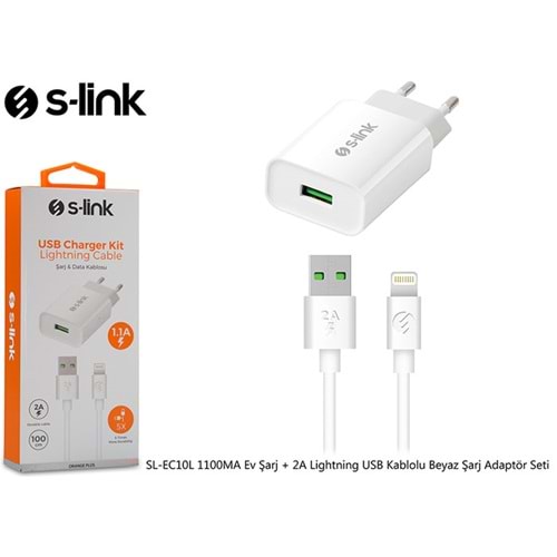 S-link SL-EC10L 1100MA Ev Şarj + 2A Lightning USB Kablolu Beyaz Şarj Adaptör Seti
