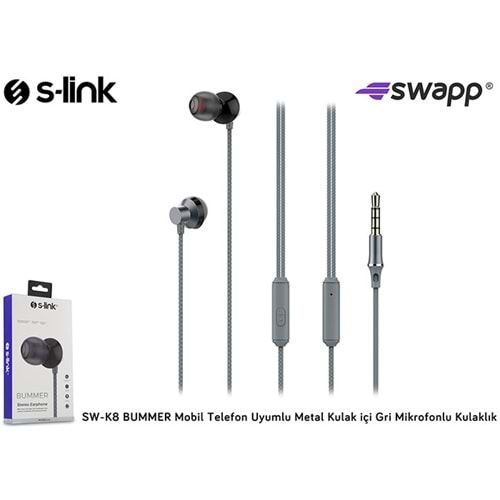 S-link Swapp SW-K8 BUMMER Mobil Telefon Uyumlu Metal Kulak içi Gri Mikrofonlu Kulaklık