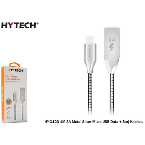 Hytech HY-X120 1M 3A Metal Silver Micro USB Data + Sarj Kablosu
