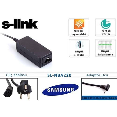 S-link SL-NBA220 40W 19V 2.1A 3.0mm/1.0mm Samsung Ultrabook Standart Adaptör