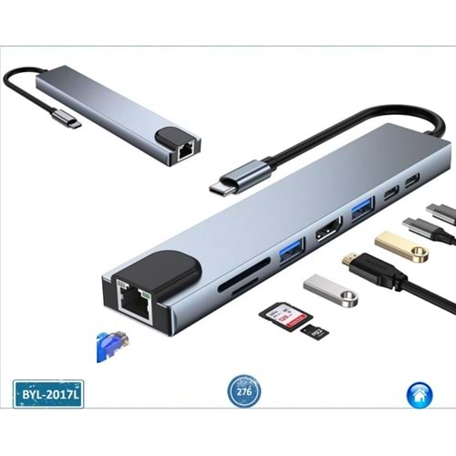 Concord BYL-2017L 8 In 1 Type-C To Ethernet USB 3.0 HDMI Type-C PD Kart Okuyucu