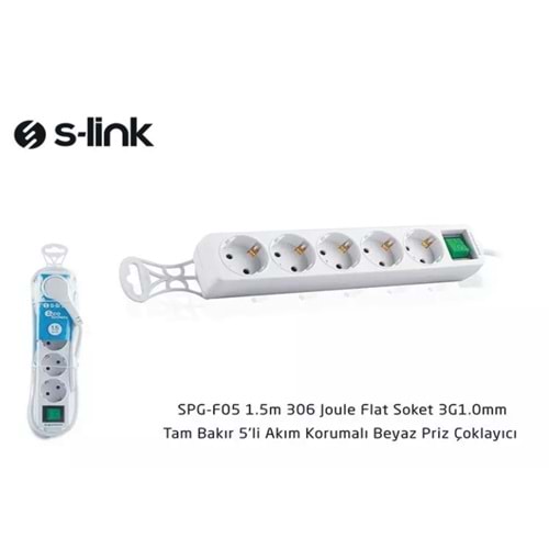 S-link SPG-F05 1.5m 306 Joule Euro Soket 3G1.0mm Tam Bakır 5li Akım Korumalı Beyaz Priz Çoklayıcı