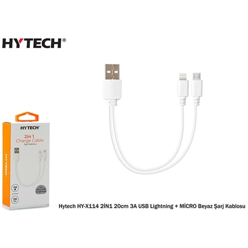 Hytech HY-X114 2İN1 20cm 3A USB Lightning + MİCRO Beyaz Şarj Kablosu