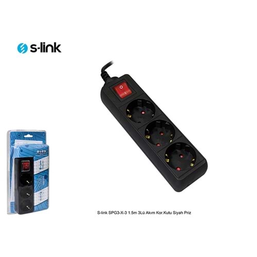 S-link SPG3-X-3 1.5m 3Lü Akım Kor.Kutu Siyah Priz