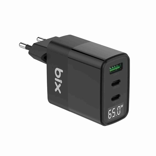 Bix BX-65GD 65W GaN PD Led Göstergeli 2*Type-C & 1*USB-A Girişli Gelişmiş Şarj Teknolojili Şarj Cihazı
