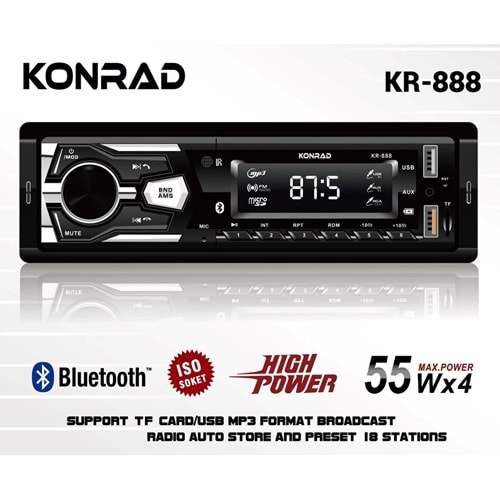 Konrad KR-888 4x50 Watt Çift USB/SD/FM Bluetooth Oto Teyp