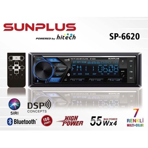 Sunplus SP-6620 DSP USB/SD/FM/BT 7 Renkli Oto Teyp