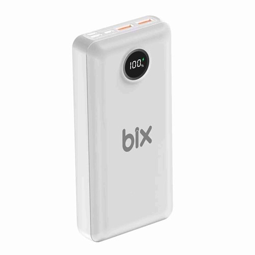 Bix PB201 Üç Portlu 20000mAh 22.5W Süper Hızlı Şarj 4.0 PD Giriş/Çıkışlı Led Göstergeli Beyaz PowerBank