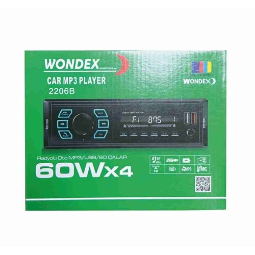 Wondex 2206B 4x60 Watt Çift USB/SD/FM Bluetooth Oto Teyp