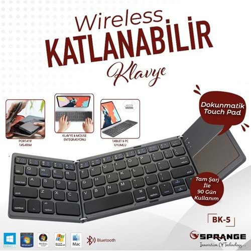 Sprange BK-5 Uyumlu Kablosuz Bluetooth TouchPad'li Şarj Edilebilir Katlanabili