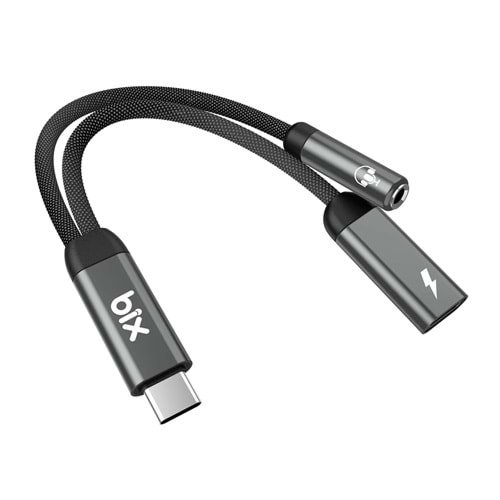 Bix ADP-12 Type-C to 3.5mm Kulaklık ve 15W Type-C Şarj Kablo Dönüştürücü
