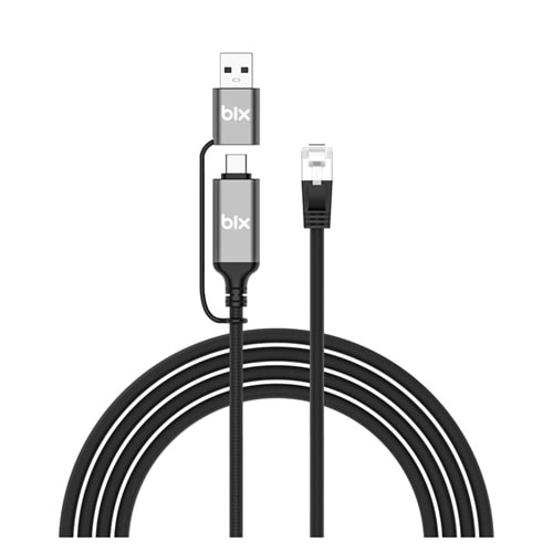 Bix C6AC15 2in1 USB-A & Type-C to RJ45 1000Mbps Gigabit Ethernet Dönüştürücü CAT6 Kablo 1.5 Metre Thunderbolt 3/4/5, Mac/Windows/iPad/Android Uyumlu