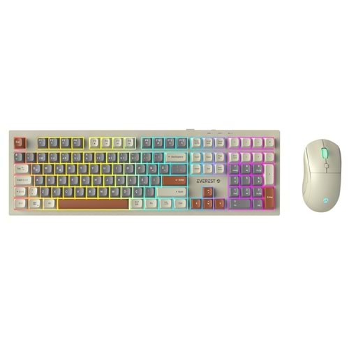Everest KM-77 Runa Gri/Krem/Kahve Usb Rainbow Aydınlatmalı Sessiz Q Klavye + Mouse Set