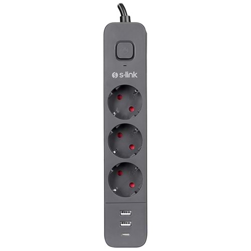 S-link SPG03U 2 Usb +1Type C 5V2.4A 1.5m 3x1.00mm 100% Bakır 750 Joule 3 lü Anahtarlı Akım Korumalı Siyah Priz