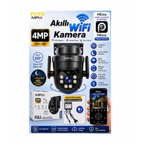 Mpia FUYO Wifi 4mp Full hd Ptz Akıllı Güvenlik Kamerası Hieasy Gece Görüş Sesli Kişi Takibi + 12V Adaptör