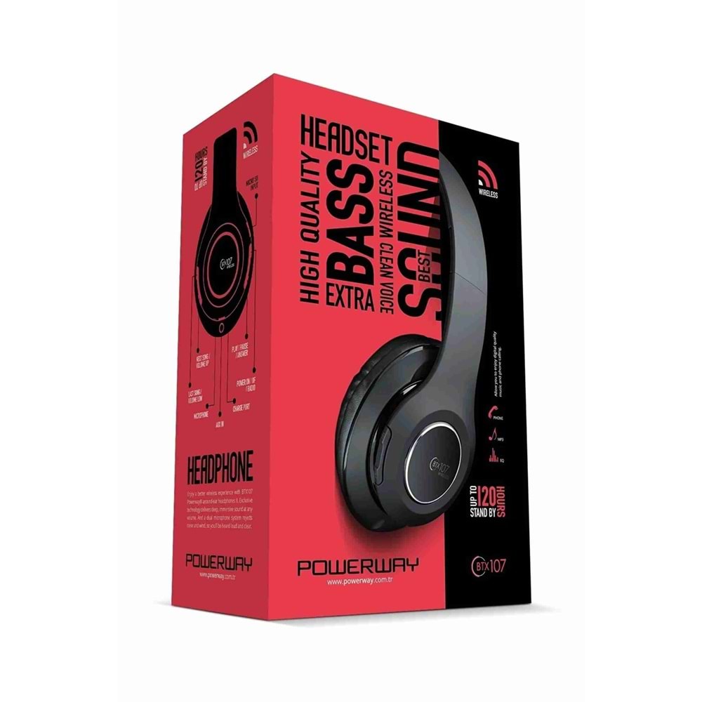 Powerway BTX107 Kulak Üstü Bluetooth Kulaklık Siyah Ios Android Uyumlu Aux Girişli