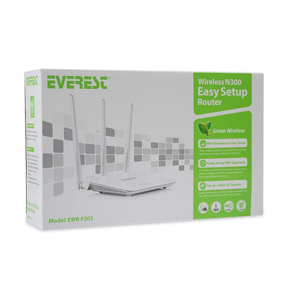 Everest EWR-F303 300Mbps 2.4GHz 3x 5dBi Anten 1x WAN 3x LAN Repeater+AP+WISP Destekli Wireless Router