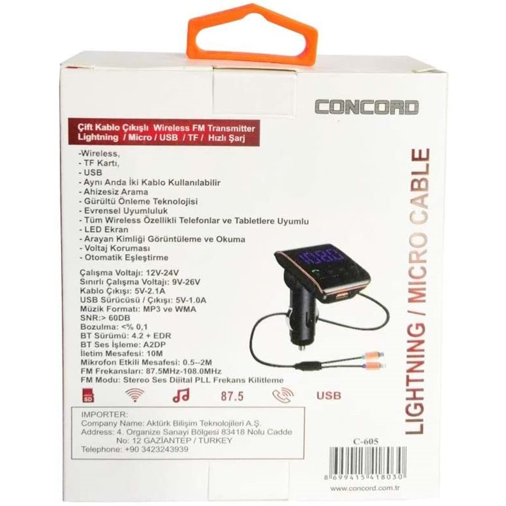 Concord C-605 2.1A Çift Usb/Tf Bluetooth FM Transmitter
