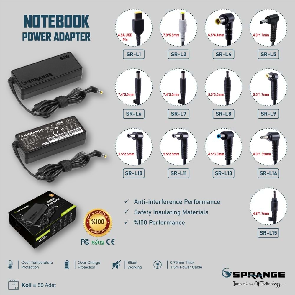 Sprange SR-L3 19V 3,42A 90W Asus İbm 4,0x1,35 Notebook Adaptör