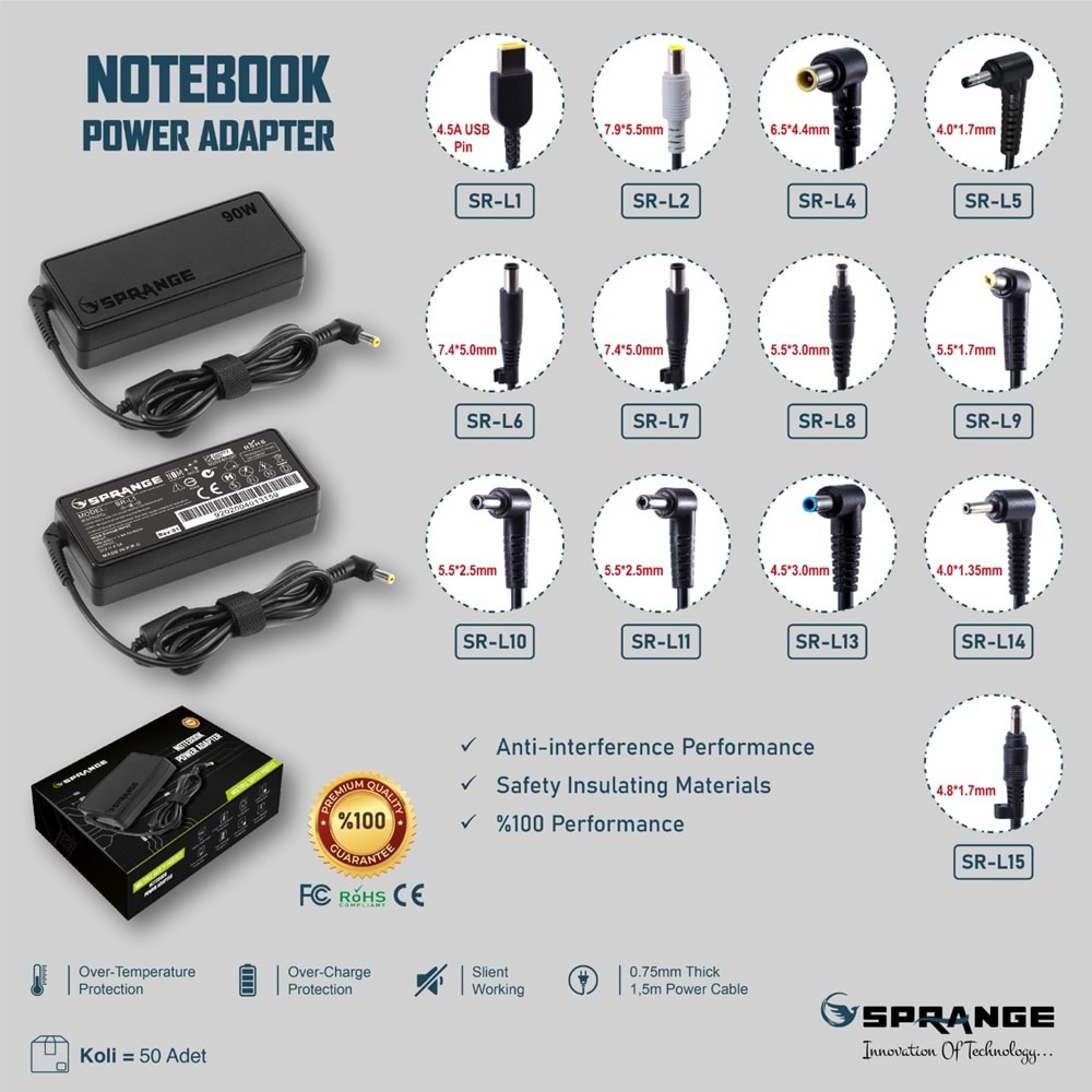 Sprange SR-L16 20V 3.25A 65W Lenovo Yeni Nesil 4.0x1.7 Notebook Adaptör