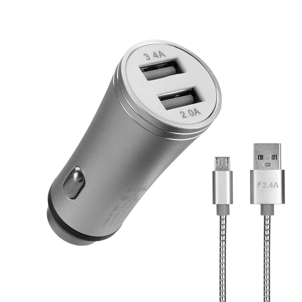 Hytech HY-X62 Micro USB Kablolu 3.4A Hızlı Şarj 2 USB Gümüş Metal Araç Şarj Cihazı