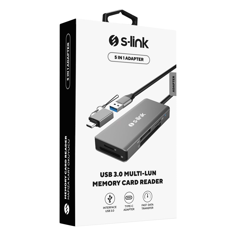 S-link SL-CR51 Type-C ve USB3.0 CF, SD, M2, Micro SD, MS 5 in 1 Metal Kart Okuyucu