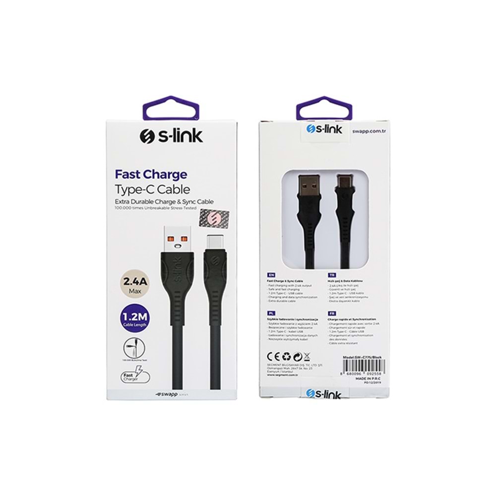 S-link Swapp SW-C775 2.4A Type-C Beyaz Siyah Şarj Kablosu