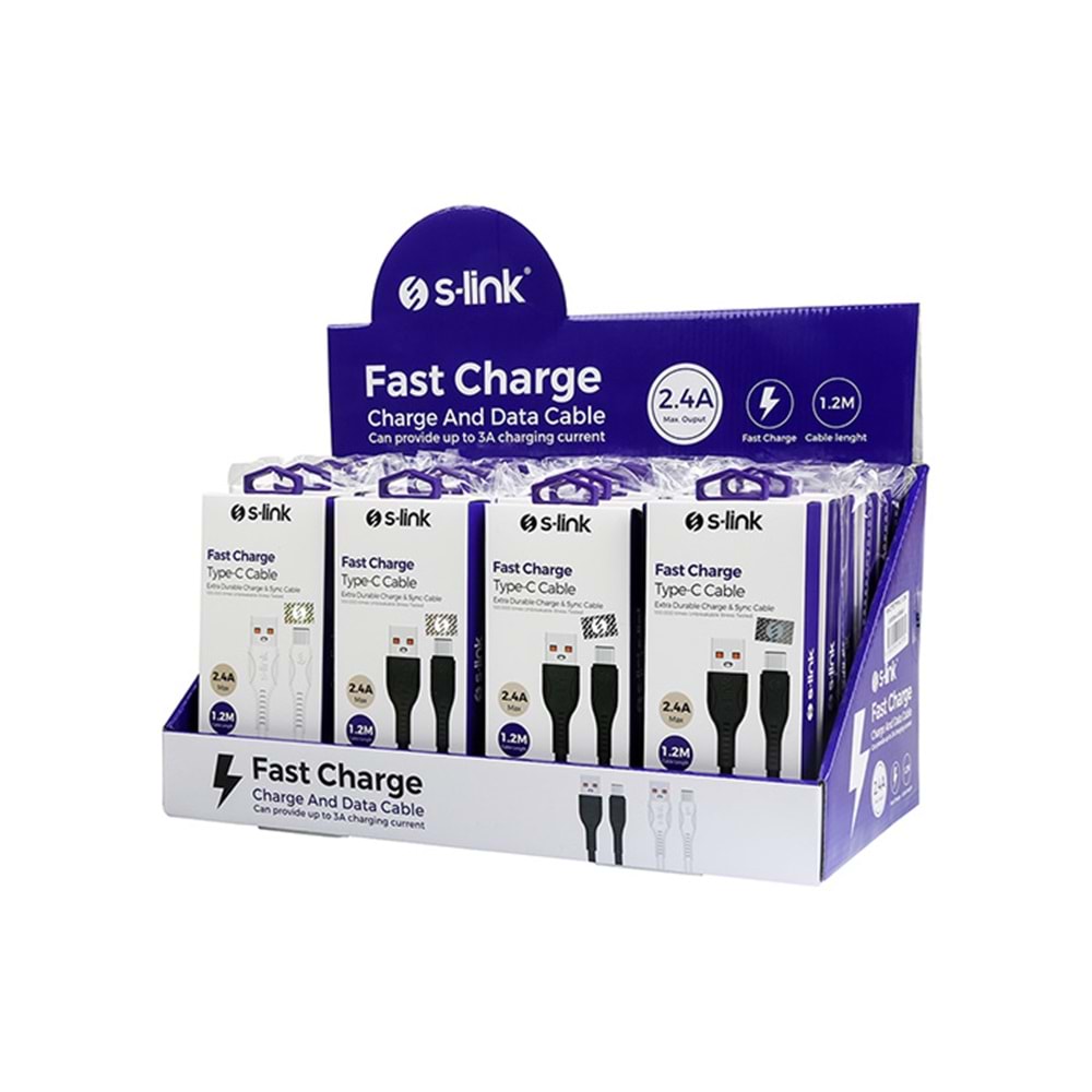 S-link Swapp SW-C775 2.4A Type-C Beyaz Siyah Şarj Kablosu