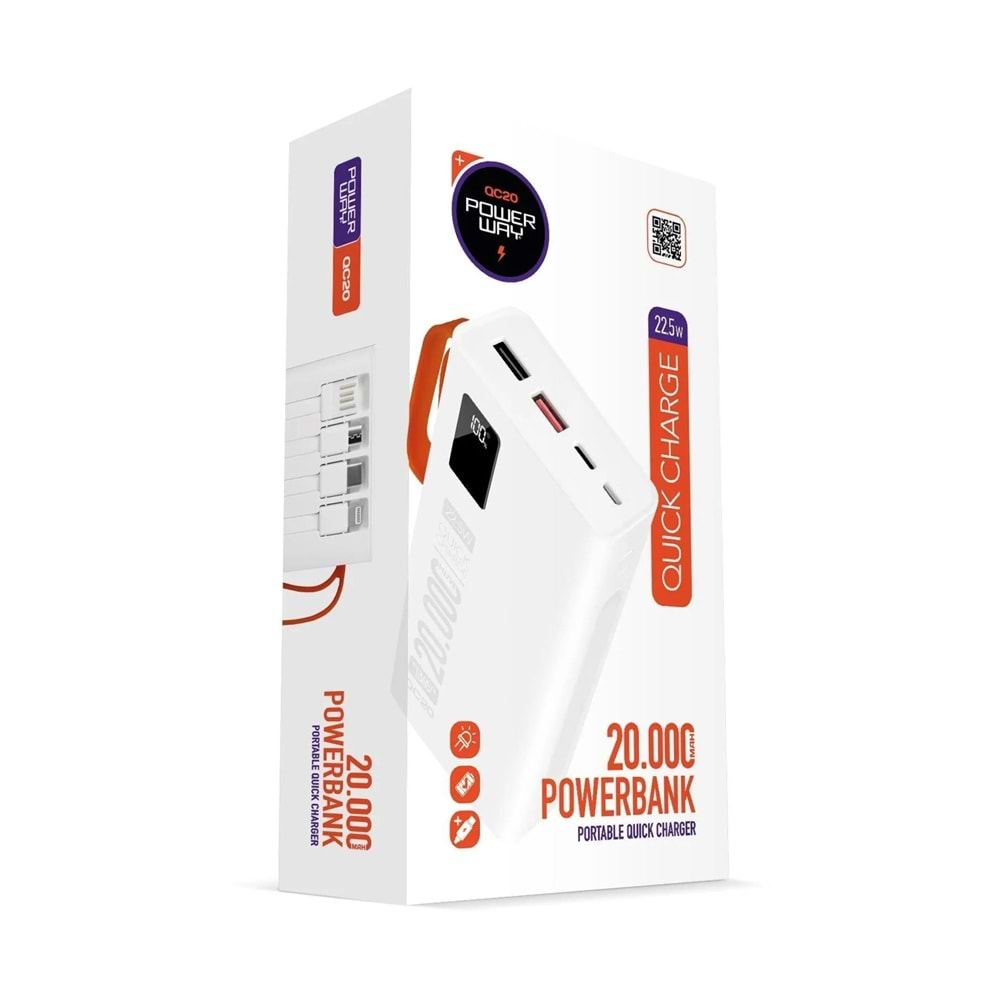 Powerway QC20 Pd 22.5w 20.000 Mah 3.0 Hızlı Şarj Qc20 Beyaz Powerbank